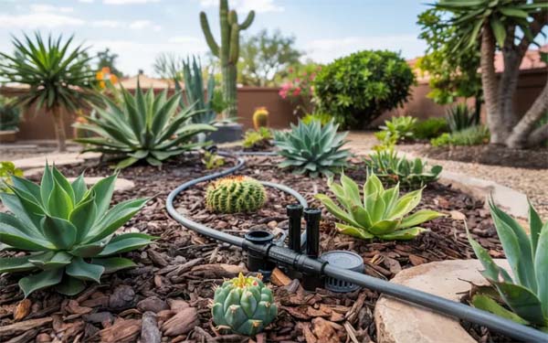 <Home Services For You shows a Drip irrigation install from one of our Expert Contractors. The system shown applies water slowly and precisely to the base of plants, which is an efficient method for conserving water.>